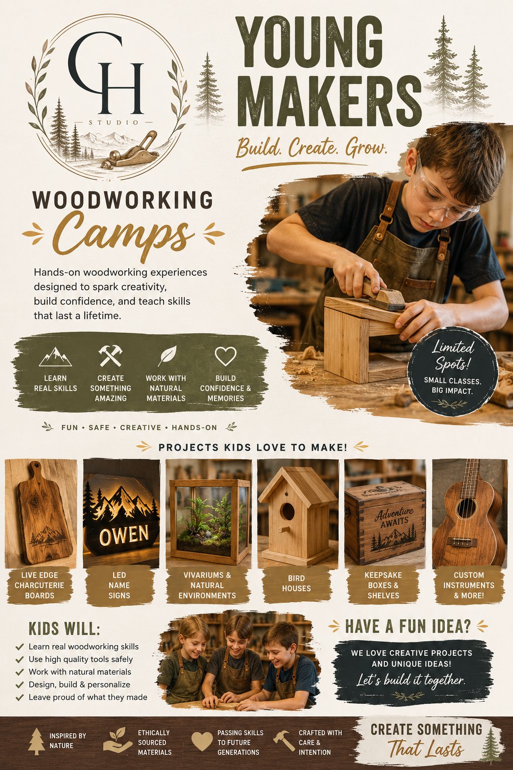 Young makers woodworking camp flyer