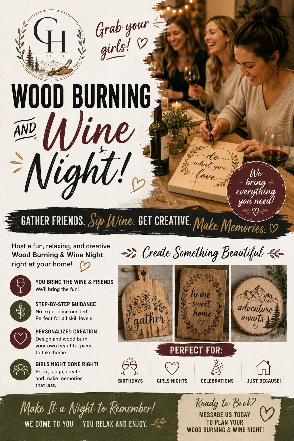 Wood burning and wine night flyer