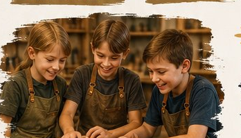 Three young students in a small woodworking class