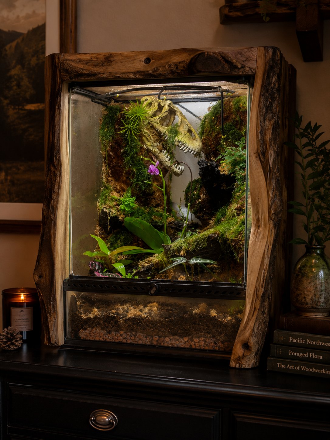 Live edge wood frame vivarium with live plants