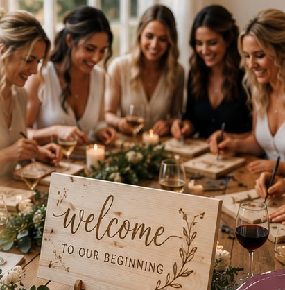 Friends drinking wine while making wooden centerpieces